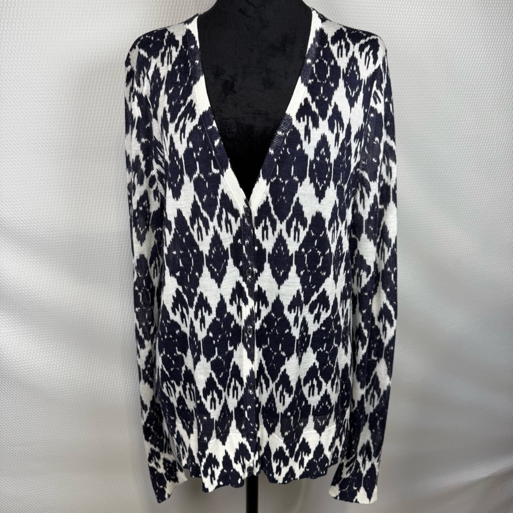 Ann Taylor LOFT Navy & White Diamond Print Lightweight Cardigan Sweater Size L